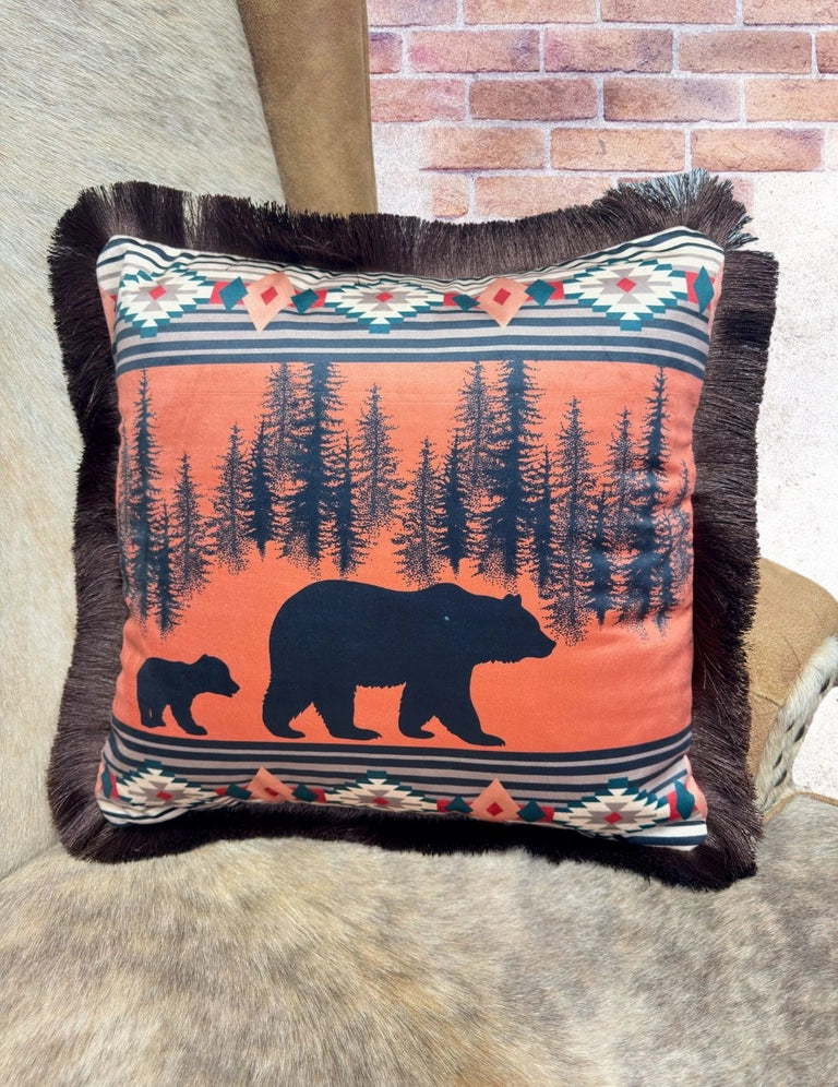 Velveteen Fringed Pillow | Wilderness Bear & Cub