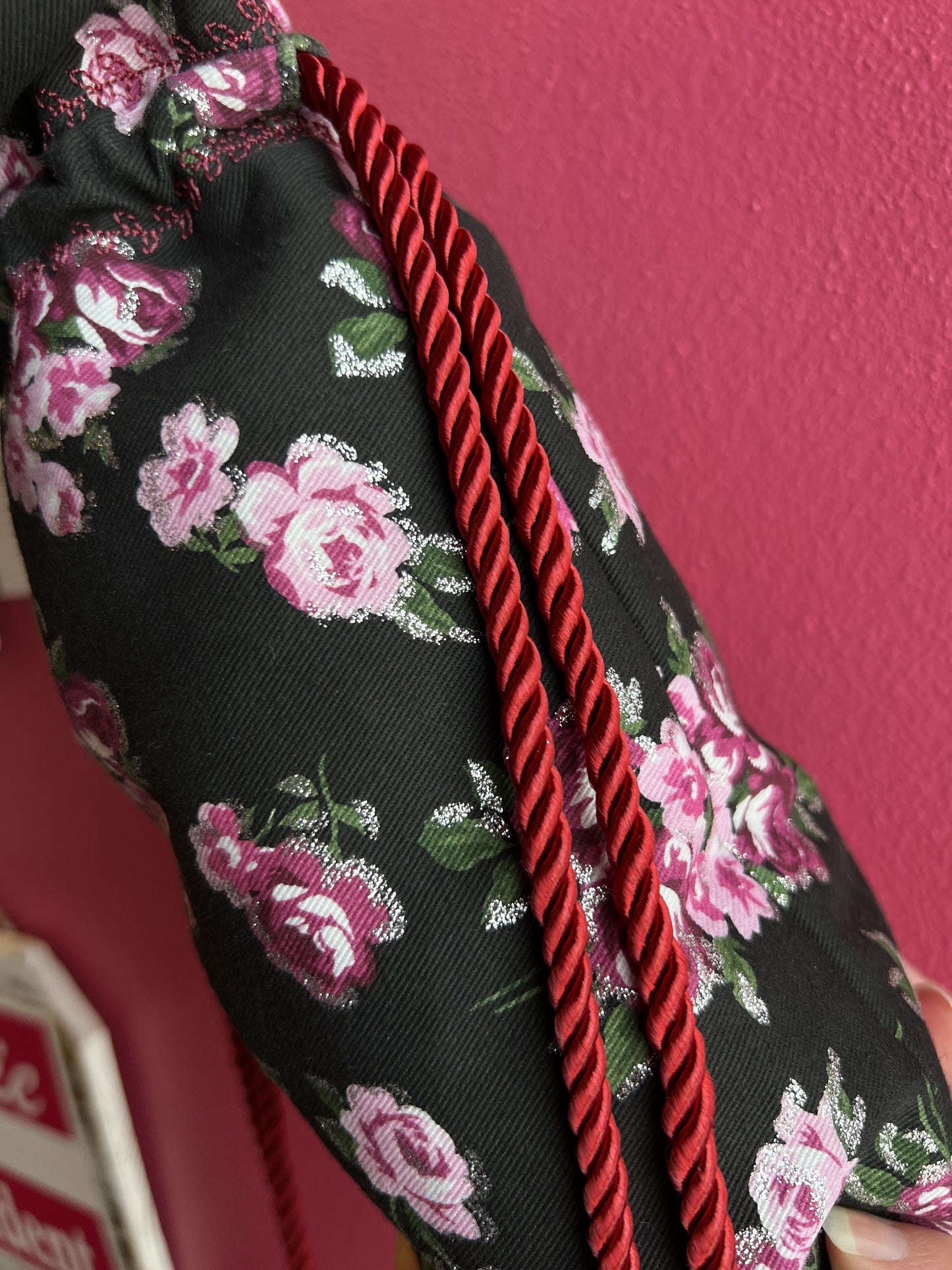 Handmade Black Floral Wine Bag | Twisted Rope Ties with Gold Details