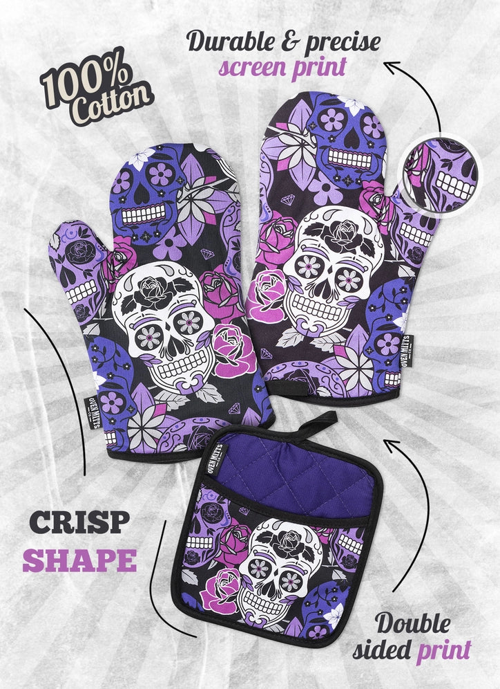 Purple Sugar Skull Oven Mitts