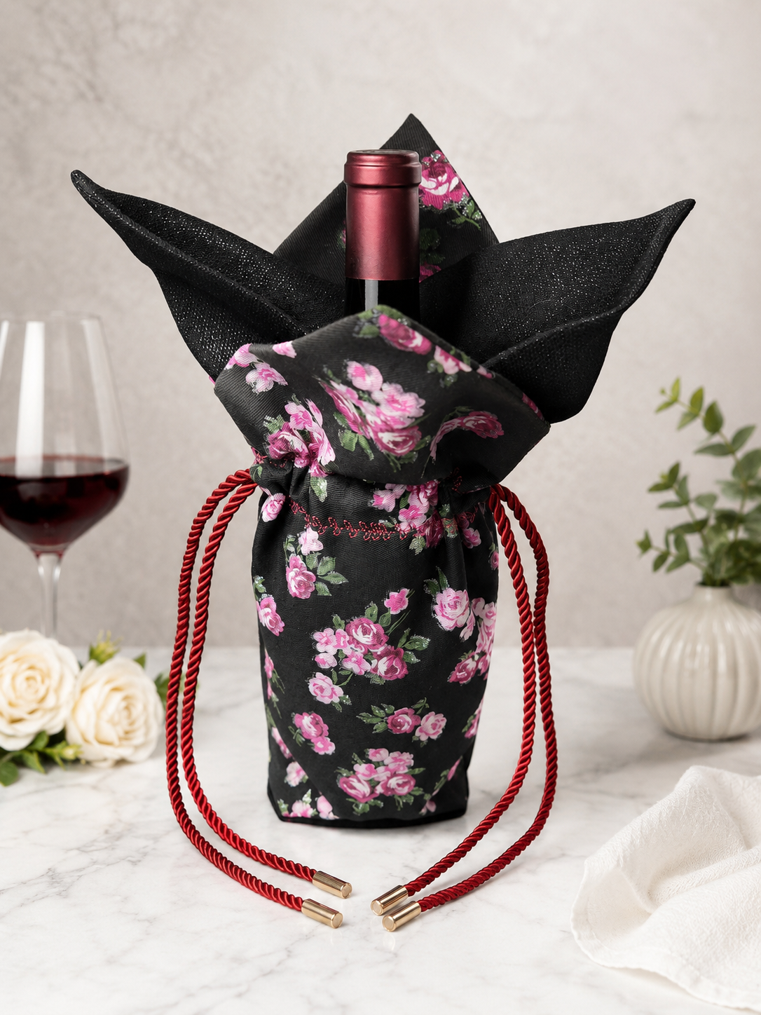 Handmade Black Floral Wine Bag | Twisted Rope Ties with Gold Details