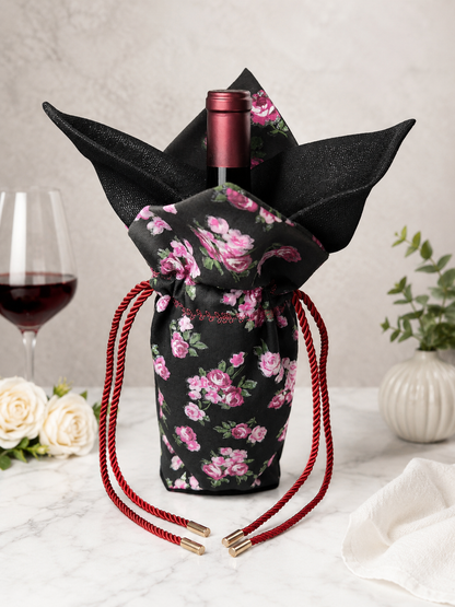 Handmade Black Floral Wine Bag | Twisted Rope Ties with Gold Details