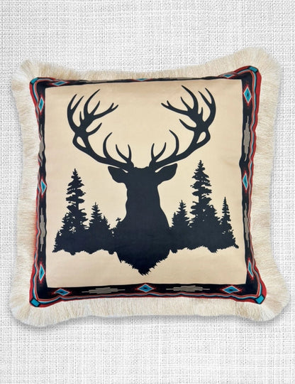 Velveteen Fringed Pillow | Deer in Forest Silhouette