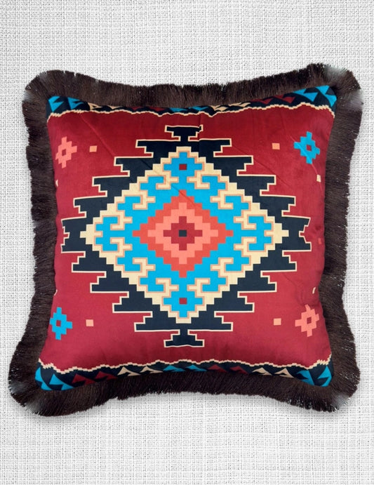 Velveteen Fringed Pillow | Red Aztec Design