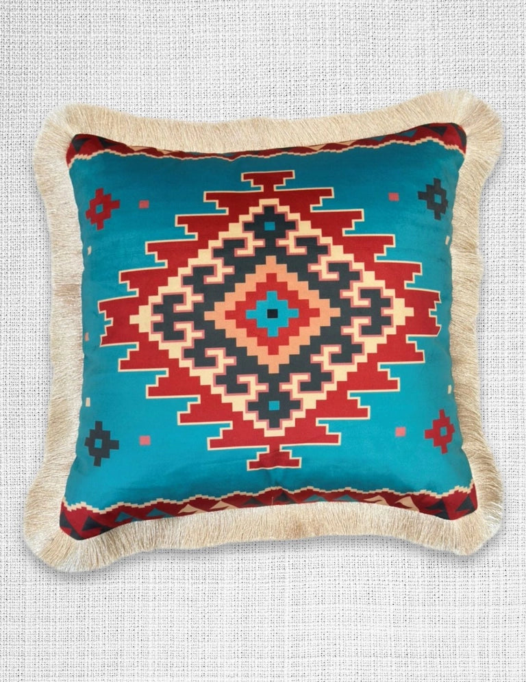 Velveteen Fringed Pillow | Turquoise Aztec Design