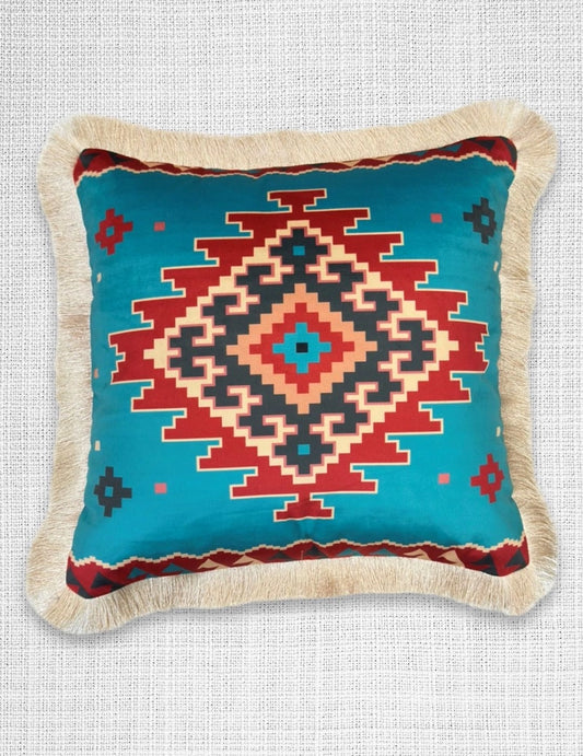 Velveteen Fringed Pillow | Turquoise Aztec Design