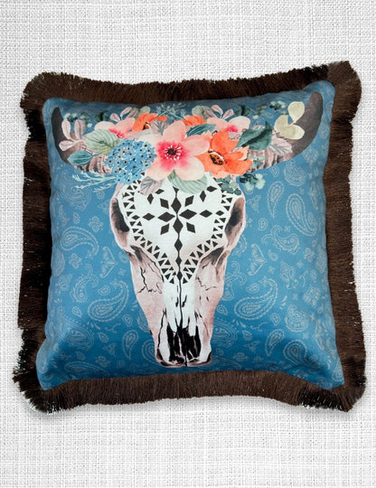 Velveteen Fringed Pillow | Flower Cow Skull & Paisleys