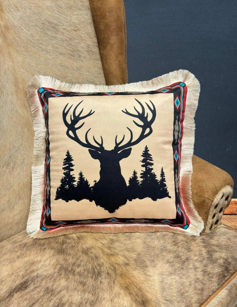 Velveteen Fringed Pillow | Deer in Forest Silhouette