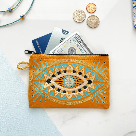 Coin Purse / Travel Pouch Gold & Blue Evil Eye