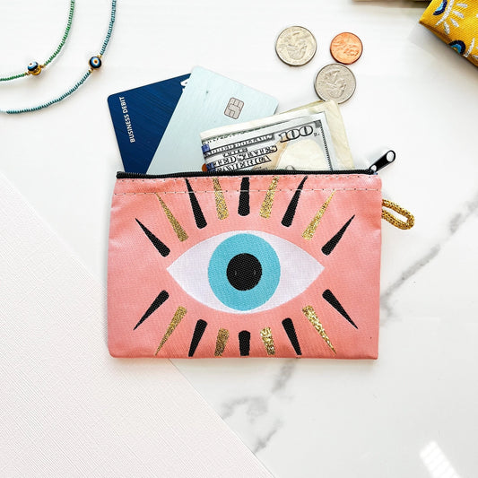 Coin Purse / Travel Pouch Pink with Evil Eye