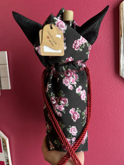 Handmade Black Floral Wine Bag | Twisted Rope Ties with Gold Details