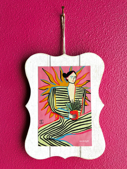 Sun Power | Woman With Plant Art | Wood Sign
