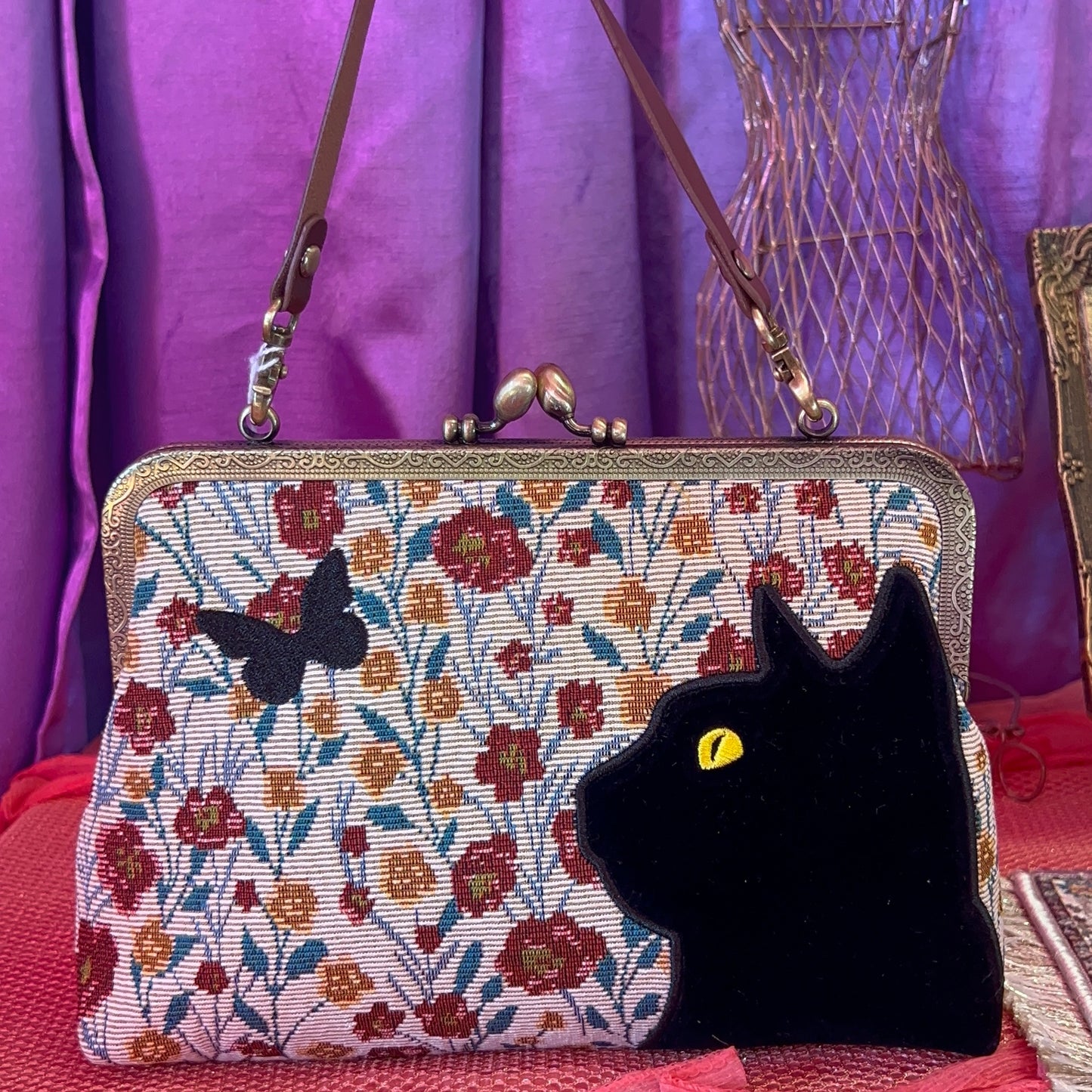Floral Cat Kiss Lock Bag
