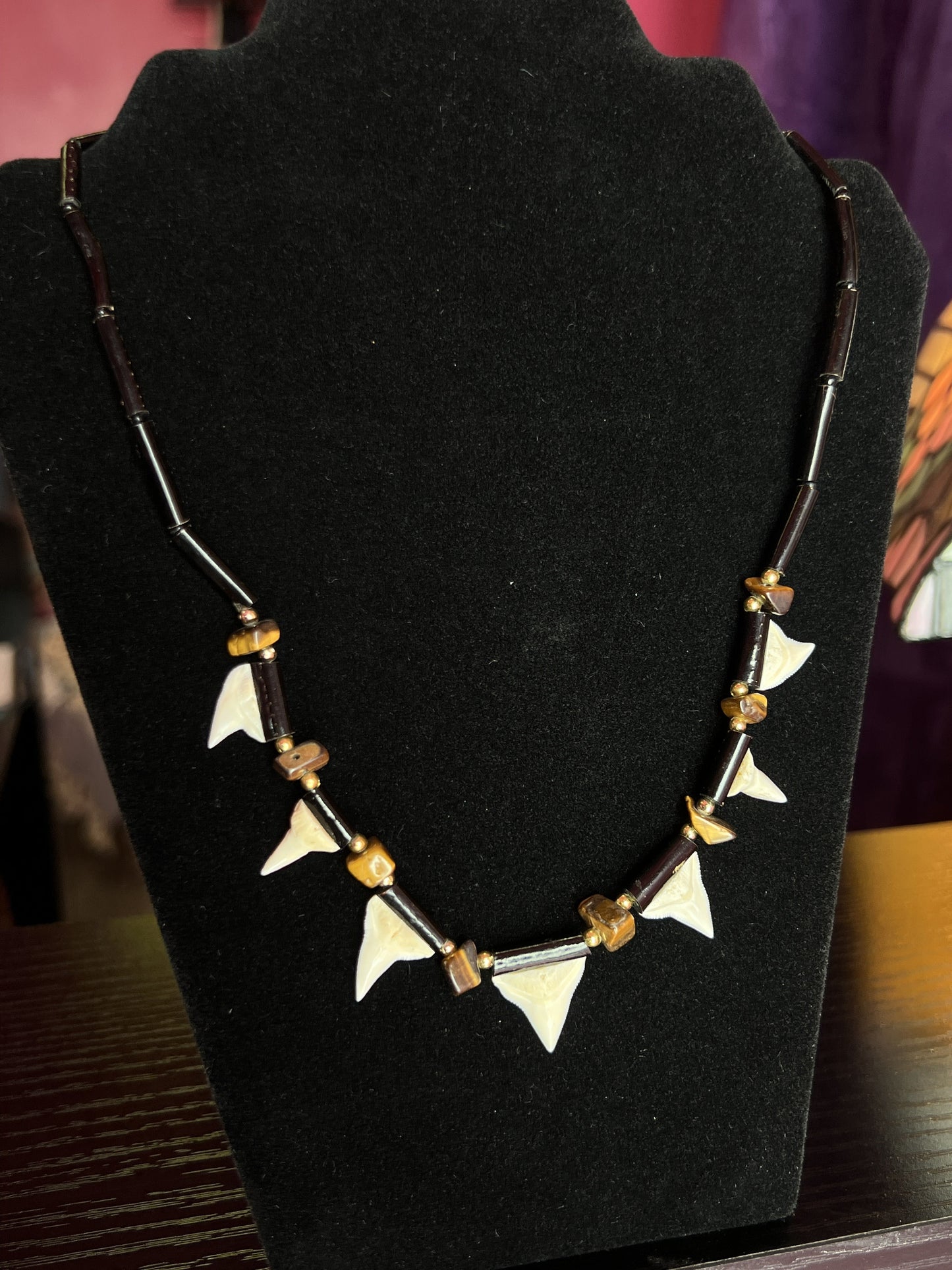 Necklace | Shark Tooth, Tiger's Eye & Wood Bead