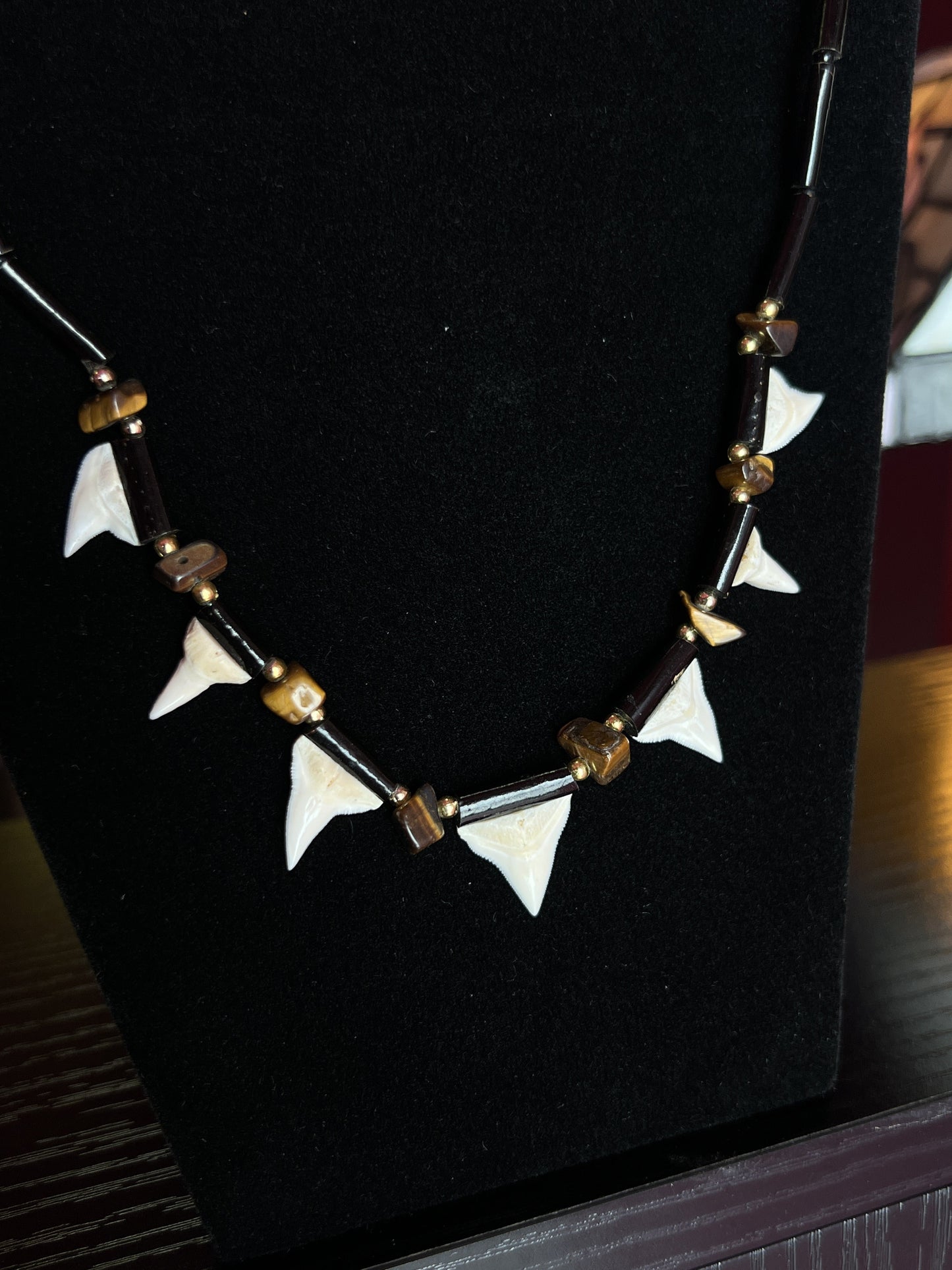 Necklace | Shark Tooth, Tiger's Eye & Wood Bead
