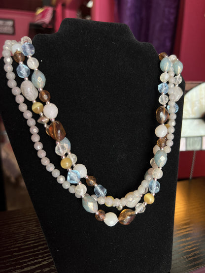 Necklace | Multi-Strand Beaded Statement with Neutral Pearl & Crystal Tones