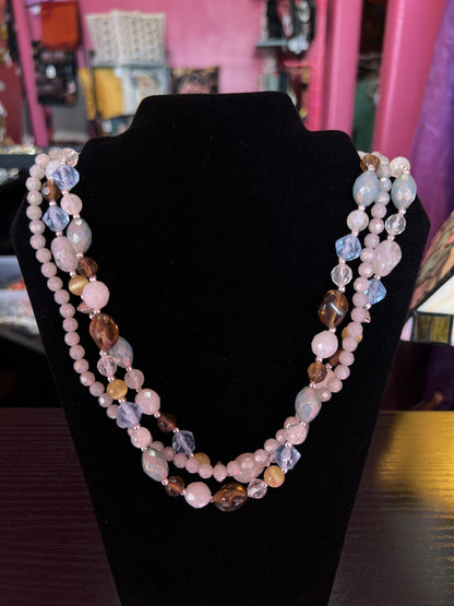 Necklace | Multi-Strand Beaded Statement with Neutral Pearl & Crystal Tones