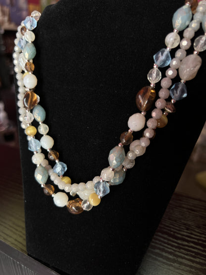 Necklace | Multi-Strand Beaded Statement with Neutral Pearl & Crystal Tones