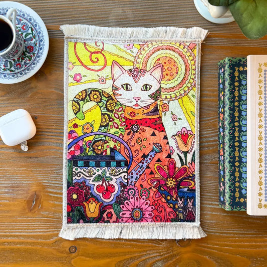 Boho Miniature Rug, Mouse Pad with Cat Design