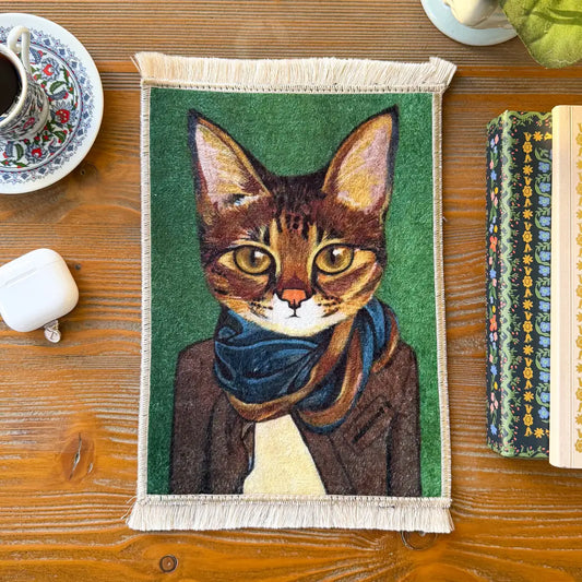 Boho Miniature Rug, Mouse Pad with Cat Design