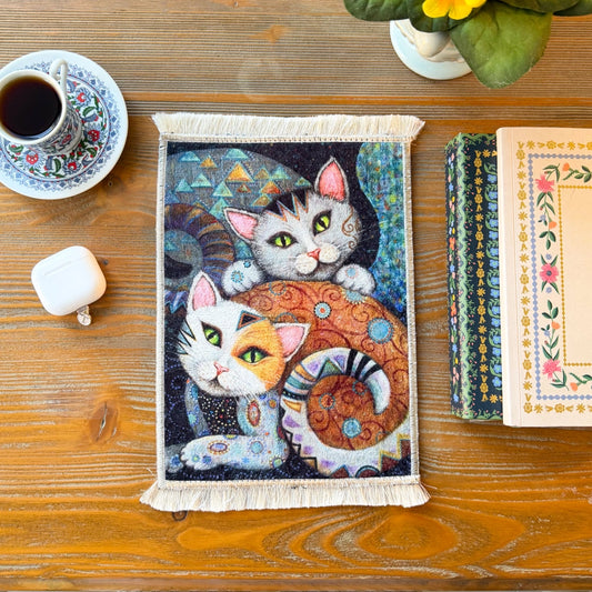 Boho Miniature Rug, Mouse Pad with Cat Design