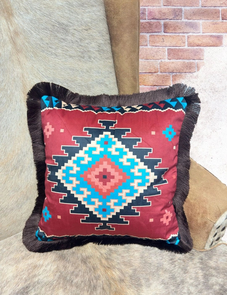Velveteen Fringed Pillow | Red Aztec Design