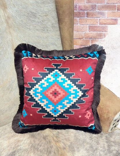 Velveteen Fringed Pillow | Red Aztec Design