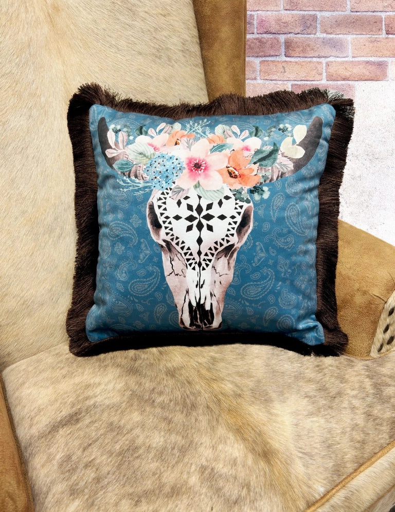 Velveteen Fringed Pillow | Flower Cow Skull & Paisleys
