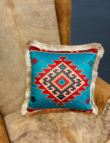 Velveteen Fringed Pillow | Turquoise Aztec Design