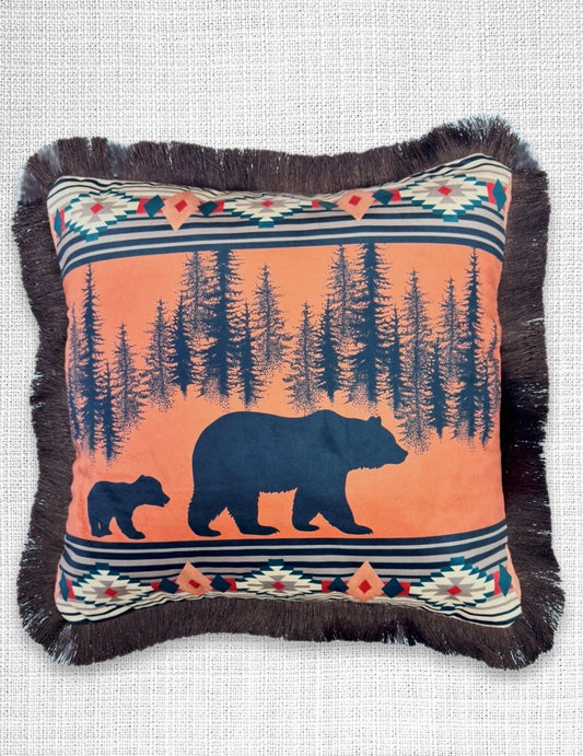 Velveteen Fringed Pillow | Wilderness Bear & Cub