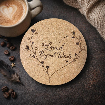 Loved Beyond Words Heart Cork Coaster | Heart floral engraved coaster | Mother's Day gift | Romantic gift idea | Sold as a single coaster