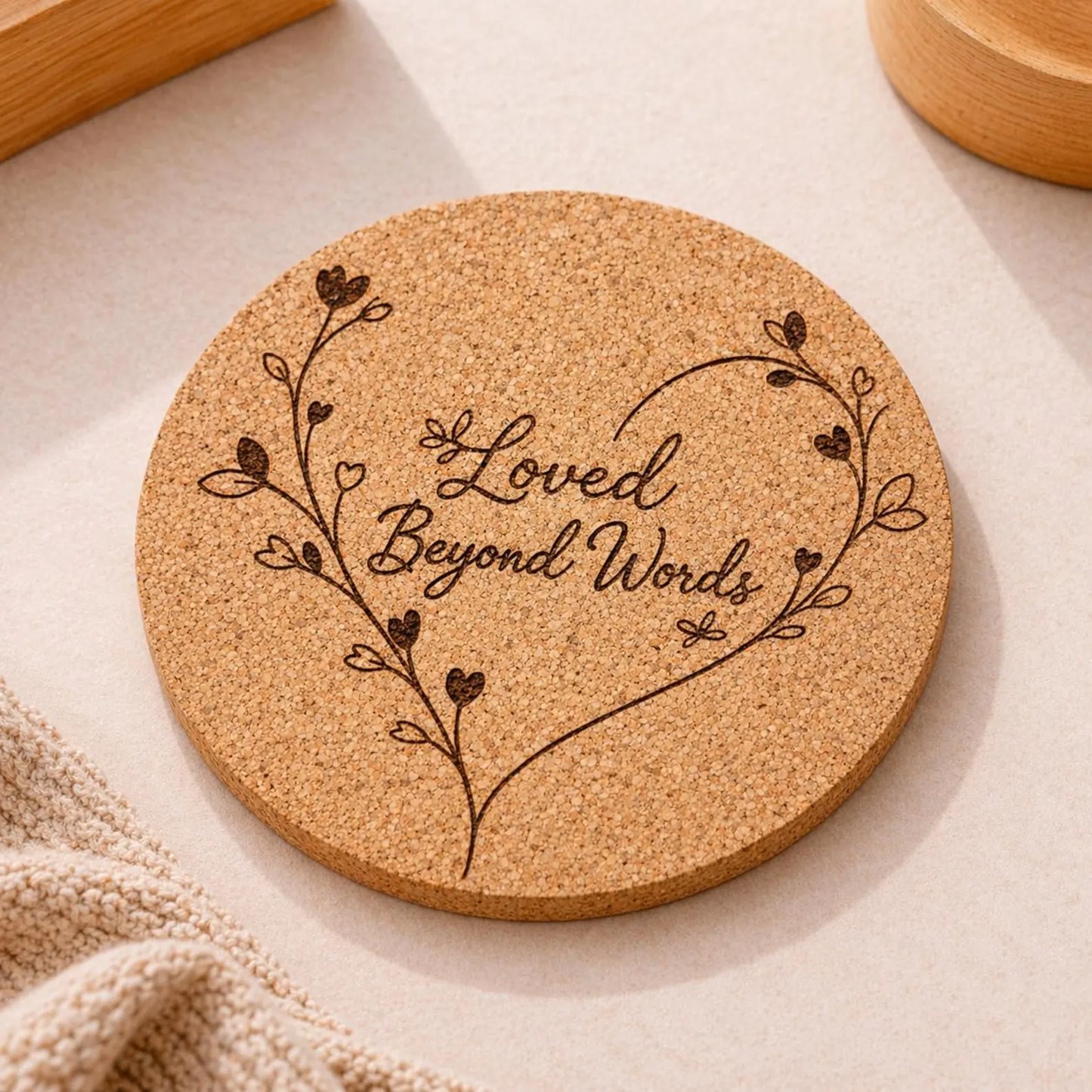 Loved Beyond Words Heart Cork Coaster | Heart floral engraved coaster | Mother's Day gift | Romantic gift idea | Sold as a single coaster