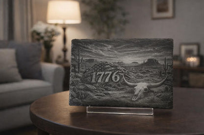1776 Desert Slate Art | Patriotic Western Decor | American Flag Rock | Longhorn Skull | Rustic Independence Day | 9"x6" Engraved Slate