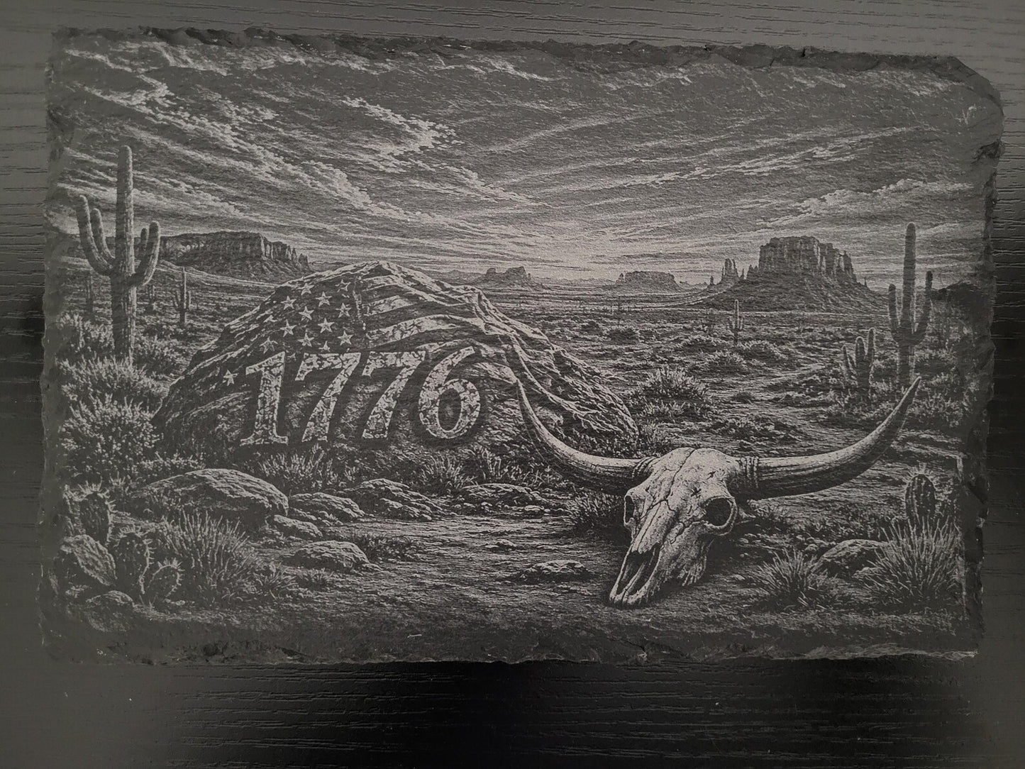 1776 Desert Slate Art | Patriotic Western Decor | American Flag Rock | Longhorn Skull | Rustic Independence Day | 9"x6" Engraved Slate