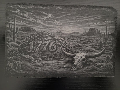 1776 Desert Slate Art | Patriotic Western Decor | American Flag Rock | Longhorn Skull | Rustic Independence Day | 9"x6" Engraved Slate