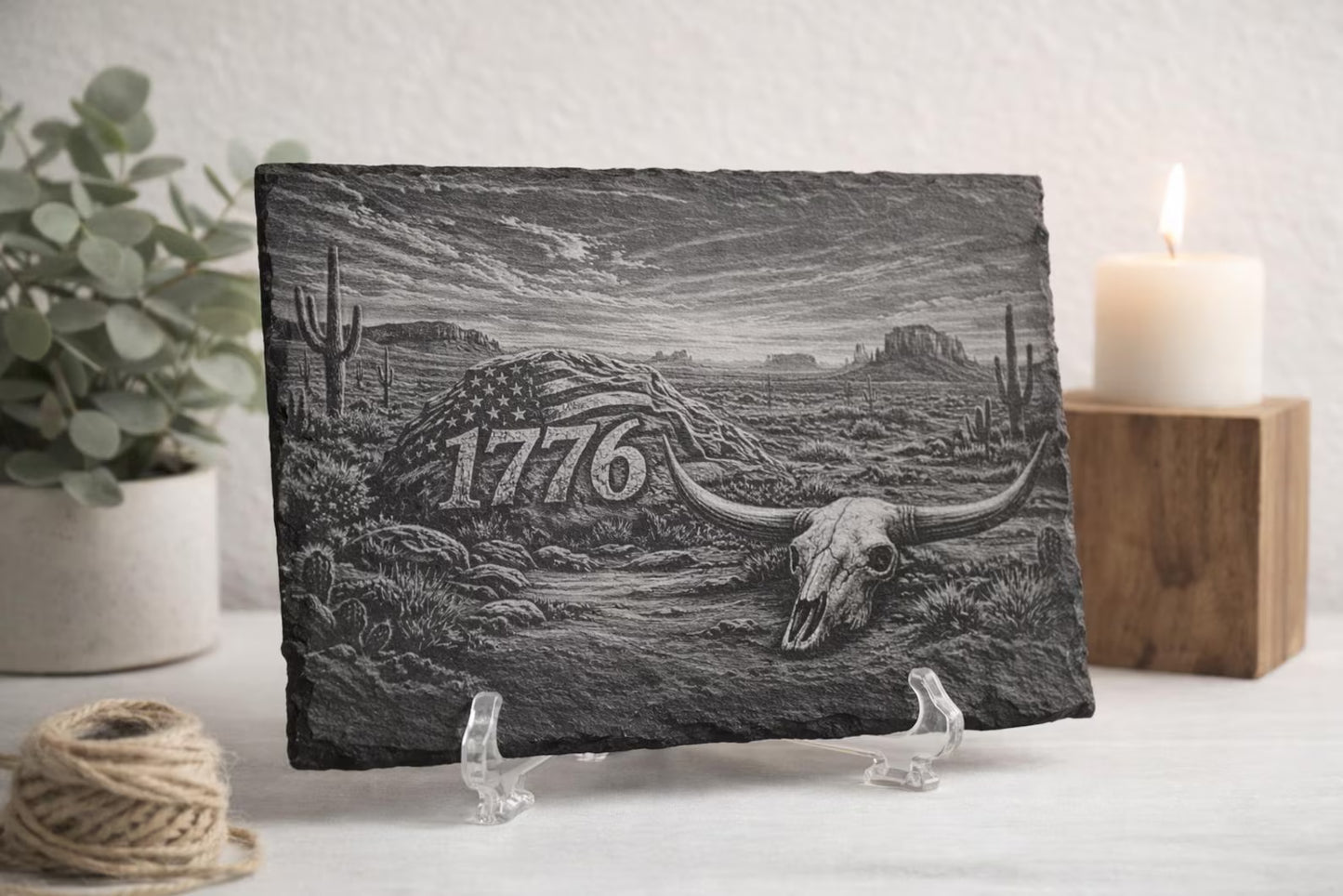 1776 Desert Slate Art | Patriotic Western Decor | American Flag Rock | Longhorn Skull | Rustic Independence Day | 9"x6" Engraved Slate