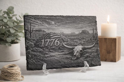 1776 Desert Slate Art | Patriotic Western Decor | American Flag Rock | Longhorn Skull | Rustic Independence Day | 9"x6" Engraved Slate
