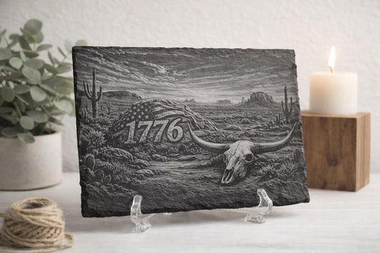 1776 Desert Slate Art | Patriotic Western Decor | American Flag Rock | Longhorn Skull | Rustic Independence Day | 9"x6" Engraved Slate