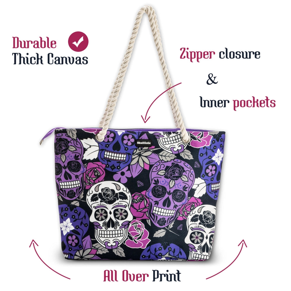 Skullistic Purple Sugar Skull Shoulder Beach Bag