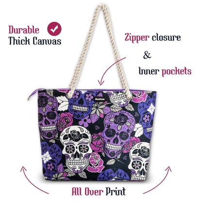 Skullistic Purple Sugar Skull Shoulder Beach Bag