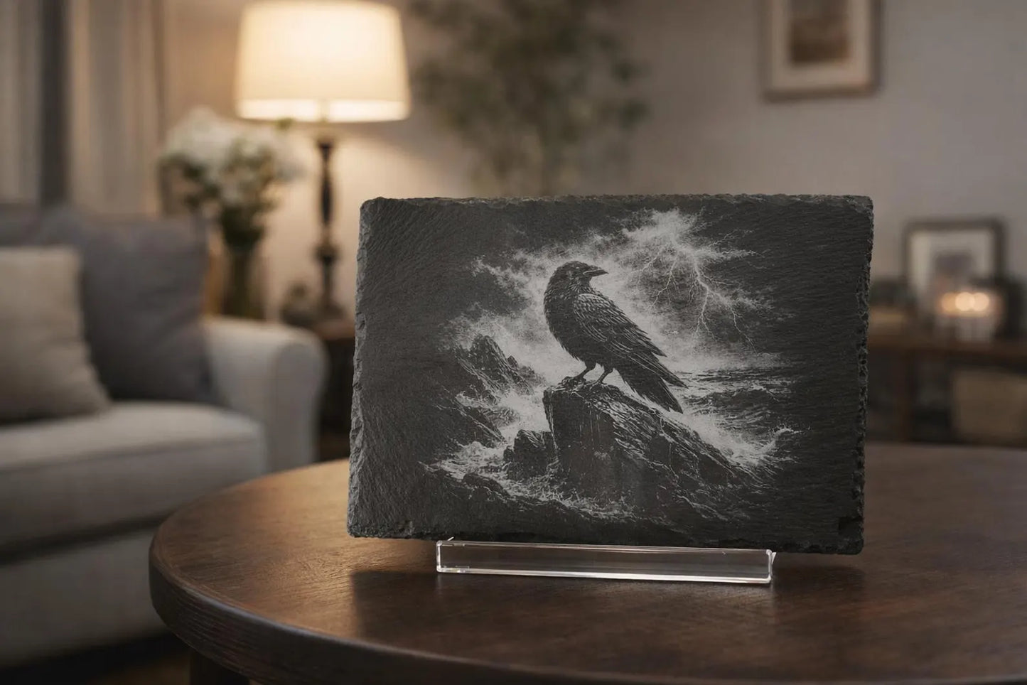 Raven art on natural slate | Engraved dark nature decor | Stormy ocean raven engraving | 9"x6" engraved slate
