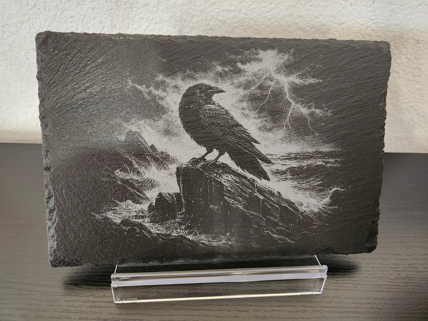 Raven art on natural slate | Engraved dark nature decor | Stormy ocean raven engraving | 9"x6" engraved slate