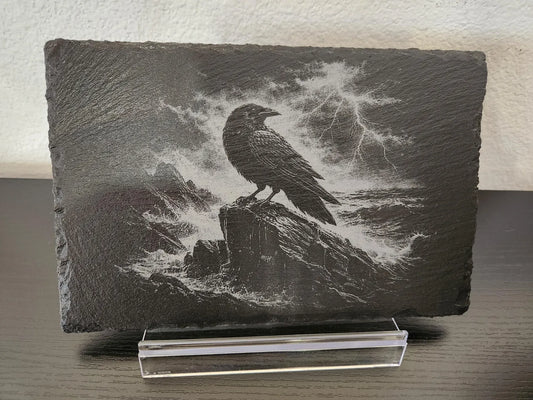 Raven art on natural slate | Engraved dark nature decor | Stormy ocean raven engraving | 9"x6" engraved slate