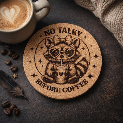 No Talky Before Coffee Cork Coasters | cute & sassy racoon feral girl design | Sold as a single coaster