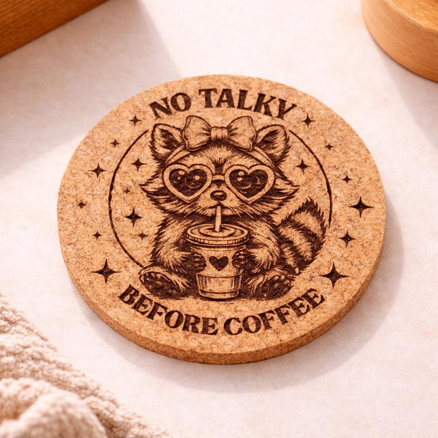 No Talky Before Coffee Cork Coasters | cute & sassy racoon feral girl design | Sold as a single coaster