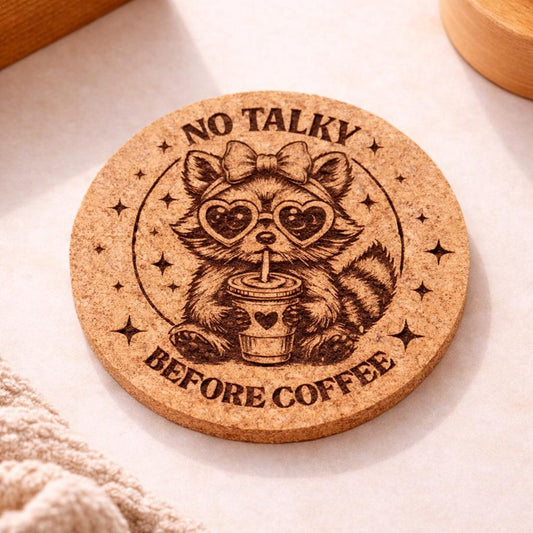 No Talky Before Coffee Cork Coasters | cute & sassy racoon feral girl design | Sold as a single coaster